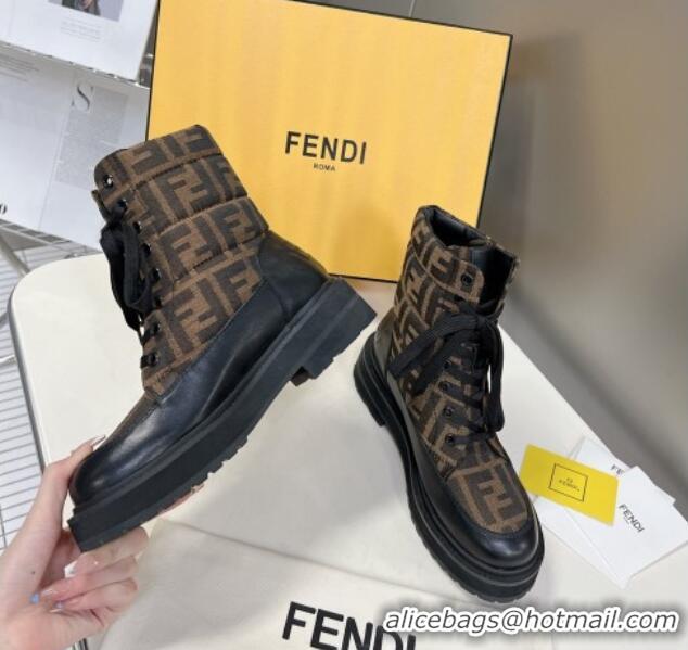 Stylish Fendi Signature Lace-up Ankle Biker Boots in FF Fabric and Leather Black/Brown 100984