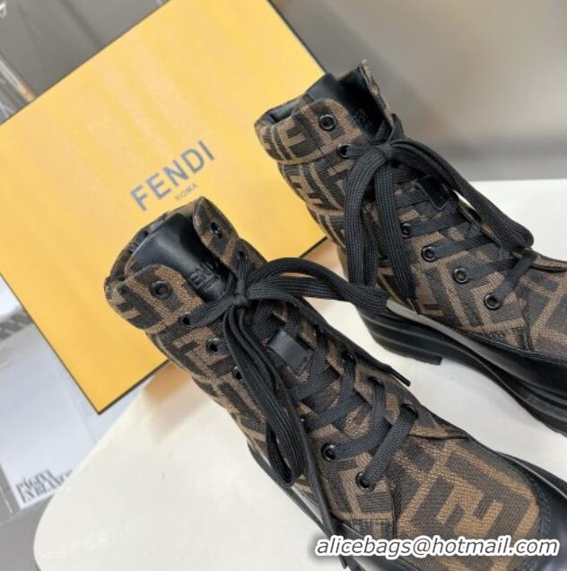 Stylish Fendi Signature Lace-up Ankle Biker Boots in FF Fabric and Leather Black/Brown 100984