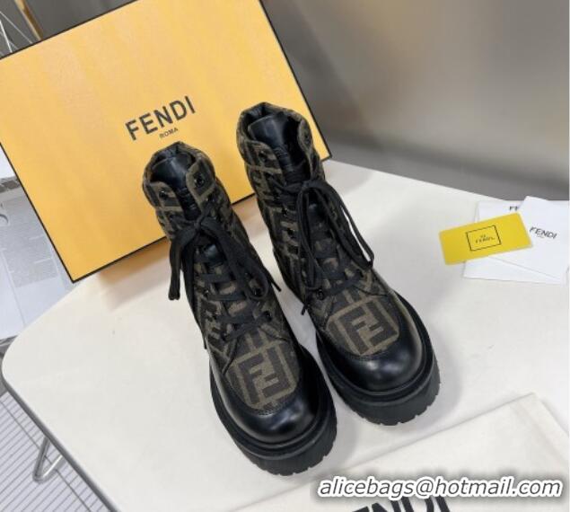 Grade Quality Fendi Signature Lace-up Ankle Biker Boots in FF Fabric and Leather Black/Khaki 100985