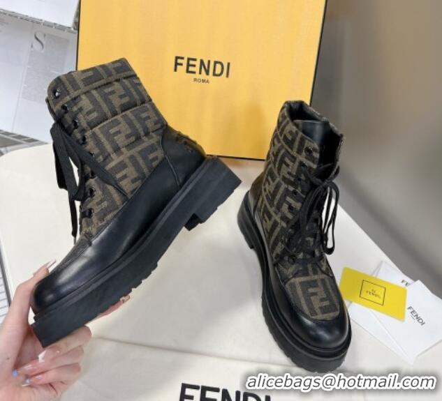 Grade Quality Fendi Signature Lace-up Ankle Biker Boots in FF Fabric and Leather Black/Khaki 100985