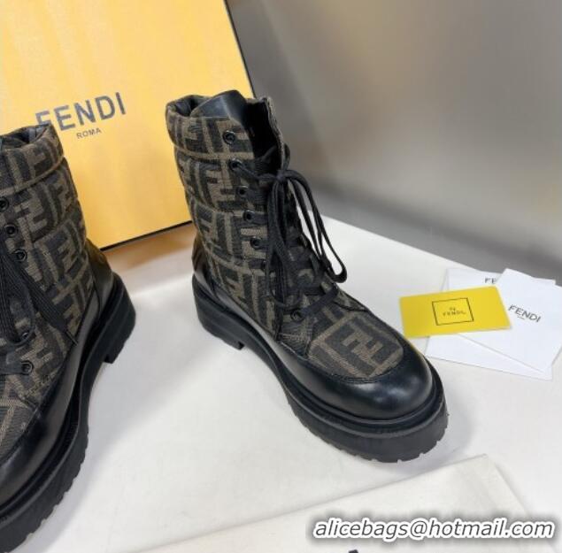 Grade Quality Fendi Signature Lace-up Ankle Biker Boots in FF Fabric and Leather Black/Khaki 100985