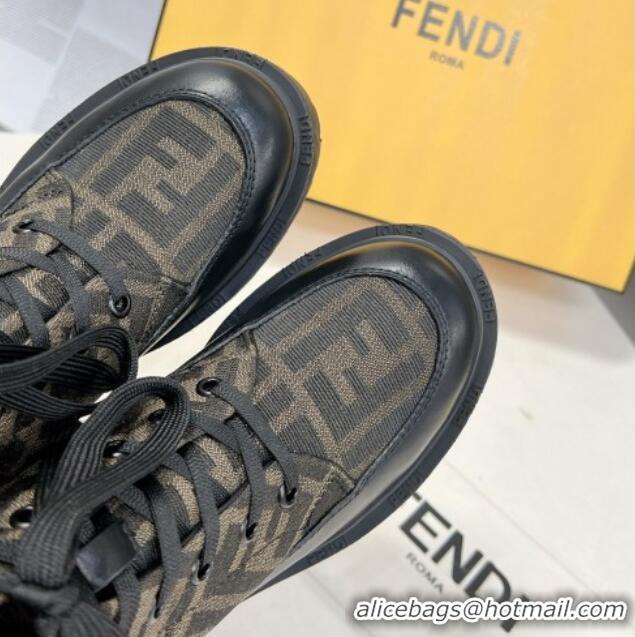 Grade Quality Fendi Signature Lace-up Ankle Biker Boots in FF Fabric and Leather Black/Khaki 100985