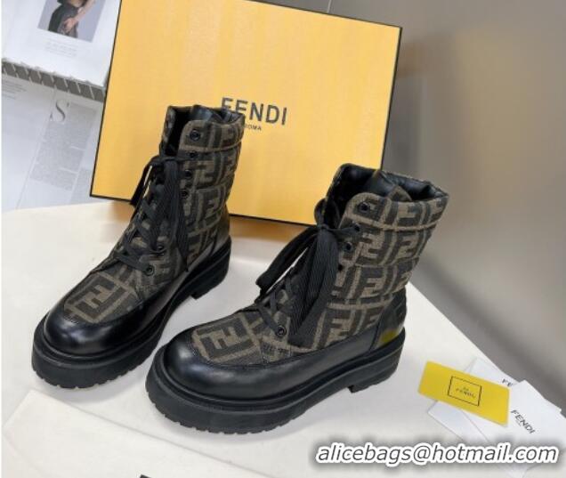 Grade Quality Fendi Signature Lace-up Ankle Biker Boots in FF Fabric and Leather Black/Khaki 100985