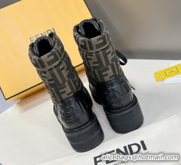 Grade Quality Fendi Signature Lace-up Ankle Biker Boots in FF Fabric and Leather Black/Khaki 100985