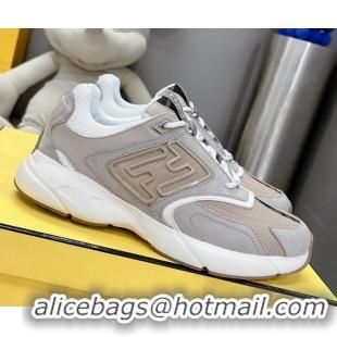 Luxury Fendi Faster Trainers Sneakers in Suede and Mesh Beige/Grey 101455