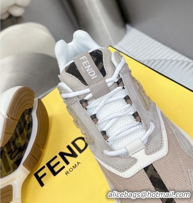 Luxury Fendi Faster Trainers Sneakers in Suede and Mesh Beige/Grey 101455