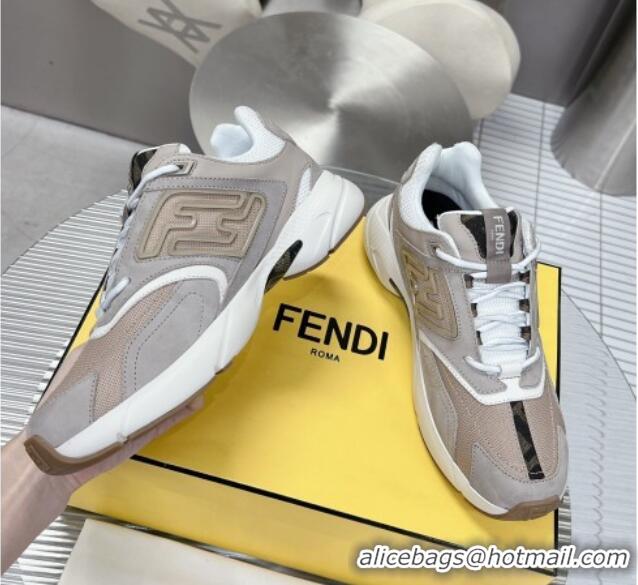 Luxury Fendi Faster Trainers Sneakers in Suede and Mesh Beige/Grey 101455