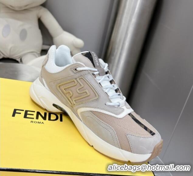 Luxury Fendi Faster Trainers Sneakers in Suede and Mesh Beige/Grey 101455