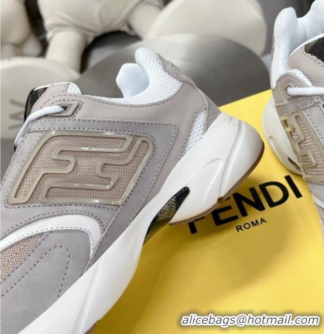 Luxury Fendi Faster Trainers Sneakers in Suede and Mesh Beige/Grey 101455