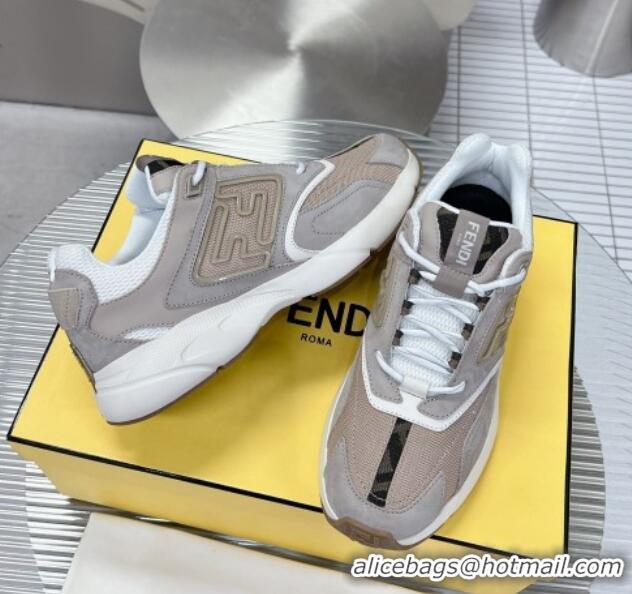 Luxury Fendi Faster Trainers Sneakers in Suede and Mesh Beige/Grey 101455