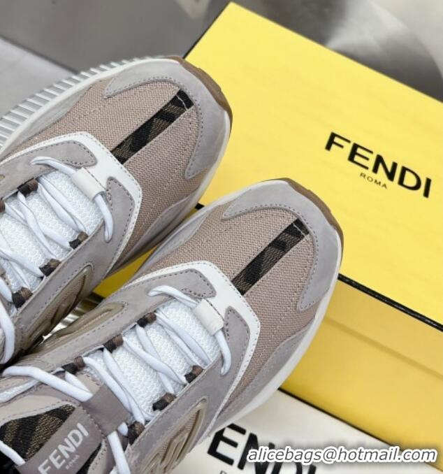 Luxury Fendi Faster Trainers Sneakers in Suede and Mesh Beige/Grey 101455