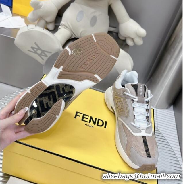 Luxury Fendi Faster Trainers Sneakers in Suede and Mesh Beige/Grey 101455