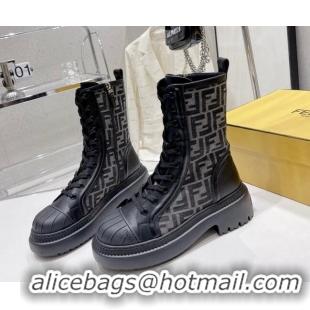 Top Quality Fendi Domino Ankle Biker Boots in Leather and FF Fabric Black 102958