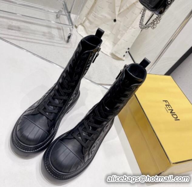 Top Quality Fendi Domino Ankle Biker Boots in Leather and FF Fabric Black 102958