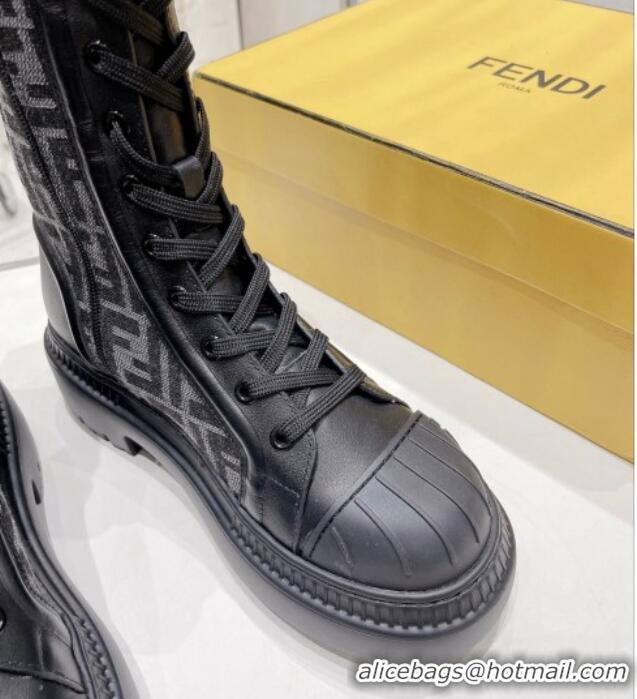 Top Quality Fendi Domino Ankle Biker Boots in Leather and FF Fabric Black 102958