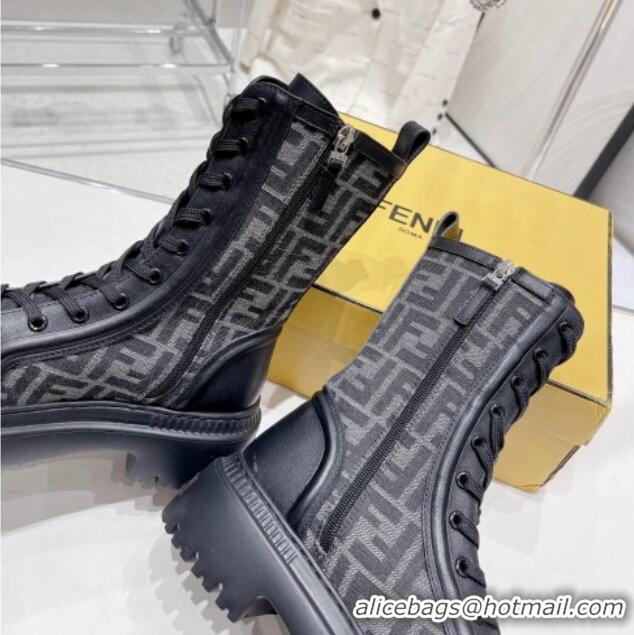 Top Quality Fendi Domino Ankle Biker Boots in Leather and FF Fabric Black 102958