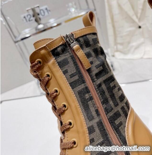 AAAAA Fendi Domino Ankle Biker Boots in Leather and FF Fabric Brown 102959