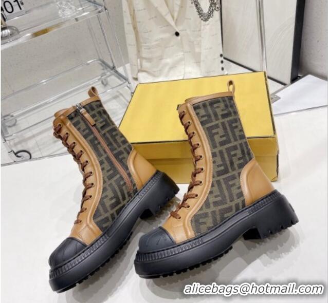 AAAAA Fendi Domino Ankle Biker Boots in Leather and FF Fabric Brown 102959