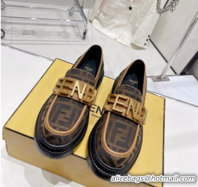 Top Grade Fendi Fendigraphy Loafers in FF Fabric and Leather Brown 102965