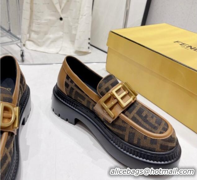 Top Grade Fendi Fendigraphy Loafers in FF Fabric and Leather Brown 102965