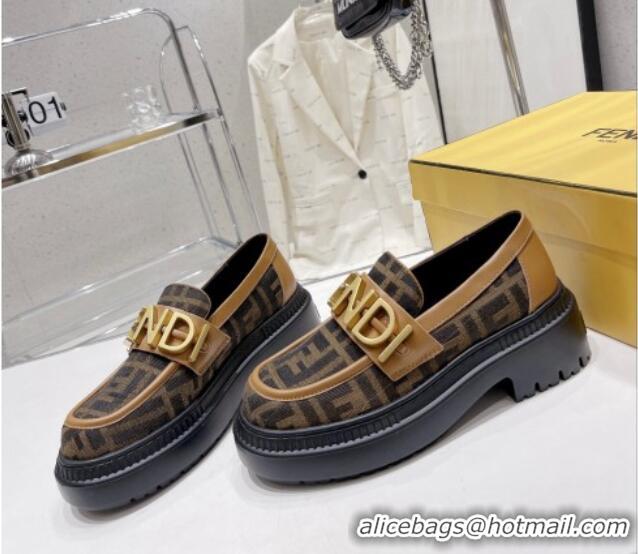 Top Grade Fendi Fendigraphy Loafers in FF Fabric and Leather Brown 102965