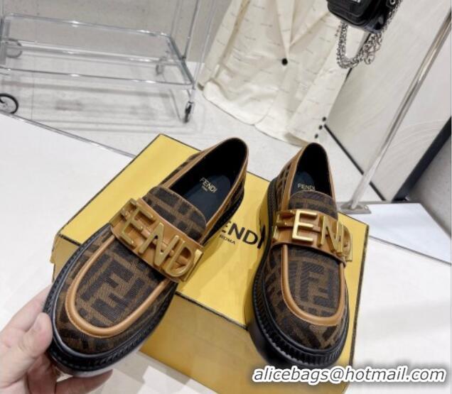 Top Grade Fendi Fendigraphy Loafers in FF Fabric and Leather Brown 102965