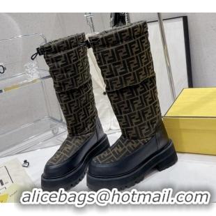 Most Popular Fendi Signature High Boots FF Fabric and Leather Brown 110134