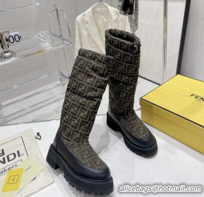 Most Popular Fendi Signature High Boots FF Fabric and Leather Brown 110134