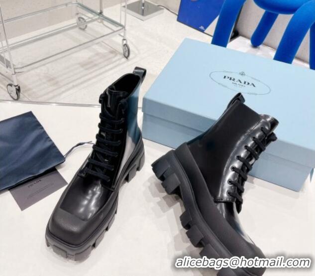 Charming Prada Brushed Leather Ankle Boots Black 081075