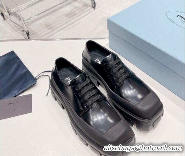 Good Quality Prada Brushed Leather Lace-ups Black 081077