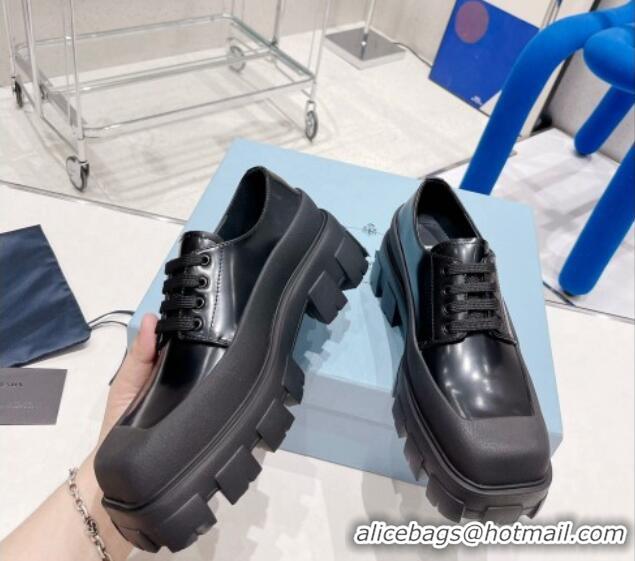 Good Quality Prada Brushed Leather Lace-ups Black 081077