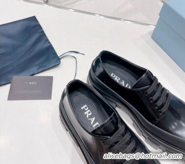 Good Quality Prada Brushed Leather Lace-ups Black 081077