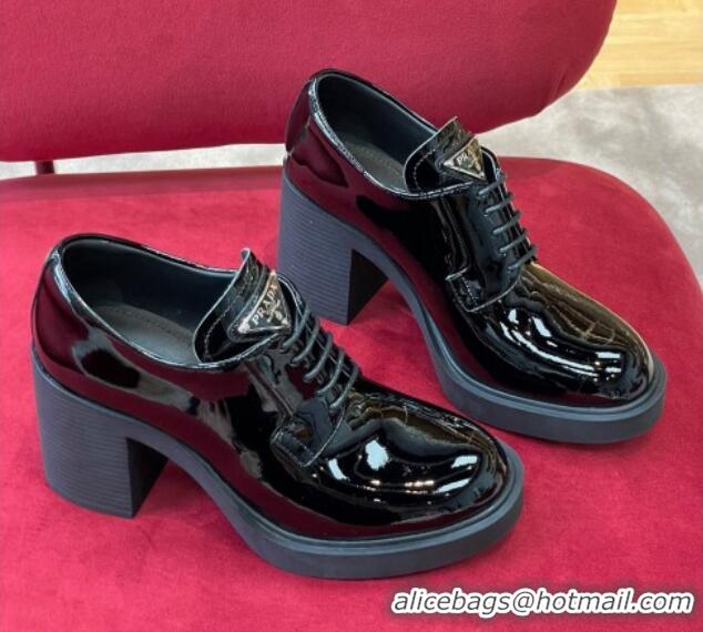 Stylish Prada Patent Leather Lace-up Pumps 7.5cm Black 081084