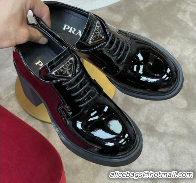 Stylish Prada Patent Leather Lace-up Pumps 7.5cm Black 081084