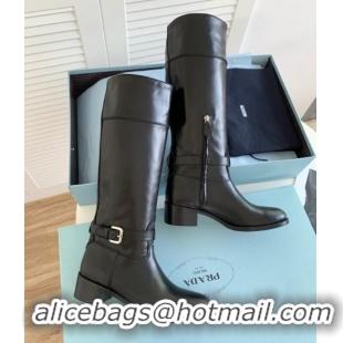 Popular Style Prada Brushed Leather High Boots 4cm Black 081337