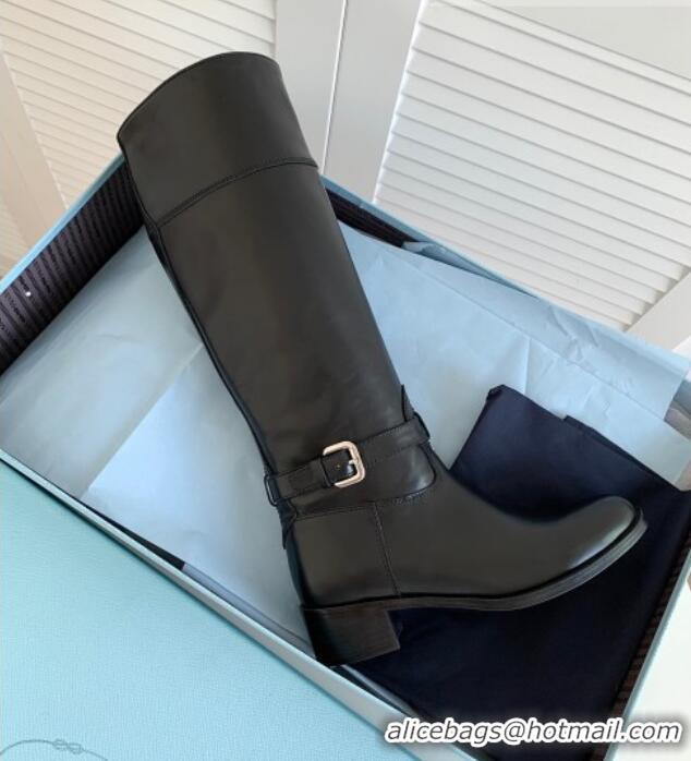 Popular Style Prada Brushed Leather High Boots 4cm Black 081337