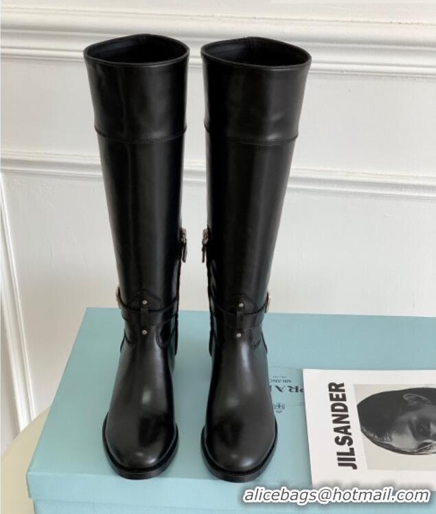 Popular Style Prada Brushed Leather High Boots 4cm Black 081337