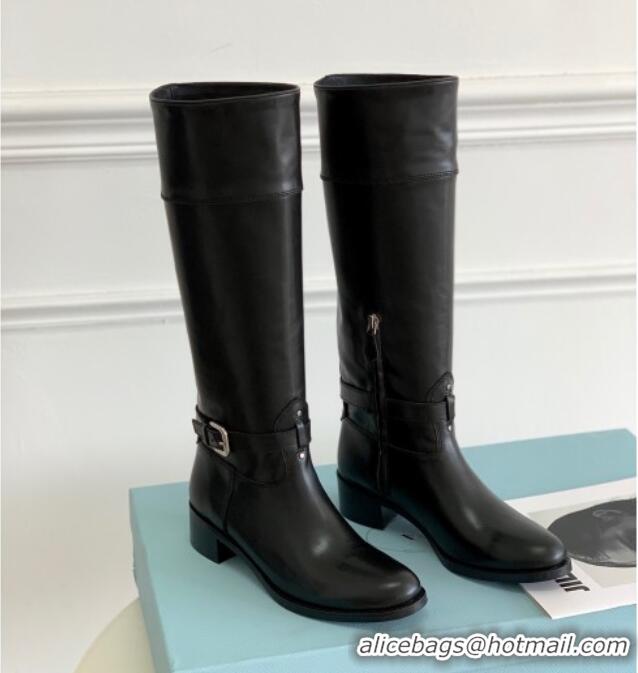 Popular Style Prada Brushed Leather High Boots 4cm Black 081337