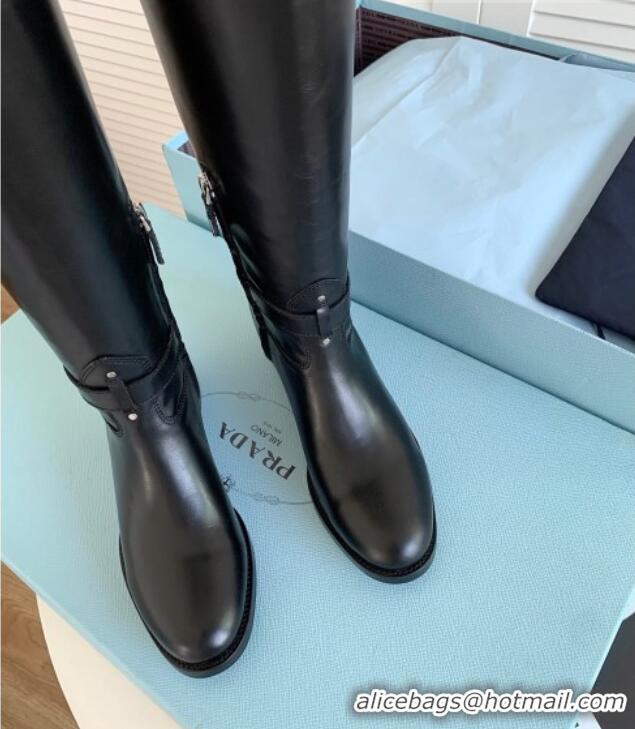 Popular Style Prada Brushed Leather High Boots 4cm Black 081337