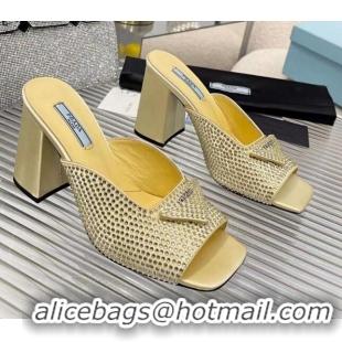 Unique Style Prada Silk Crystal High Heel Slide Sandals 8.5cm Yellow 082672