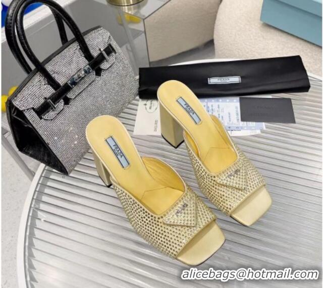 Unique Style Prada Silk Crystal High Heel Slide Sandals 8.5cm Yellow 082672