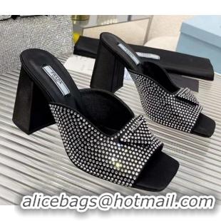 Good Looking Prada Silk Crystal High Heel Slide Sandals 8.5cm Black 082673