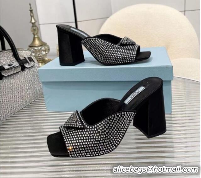 Good Looking Prada Silk Crystal High Heel Slide Sandals 8.5cm Black 082673