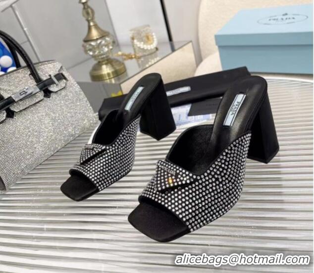 Good Looking Prada Silk Crystal High Heel Slide Sandals 8.5cm Black 082673