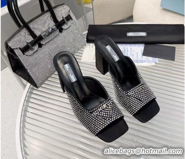 Good Looking Prada Silk Crystal High Heel Slide Sandals 8.5cm Black 082673