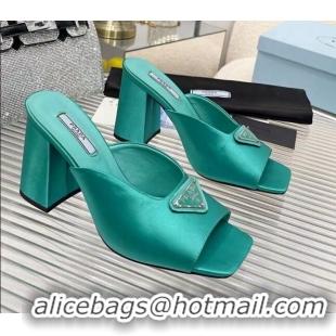 Good Quality Prada Logo Silk High Heel Slide Sandals 8.5cm Green 082674