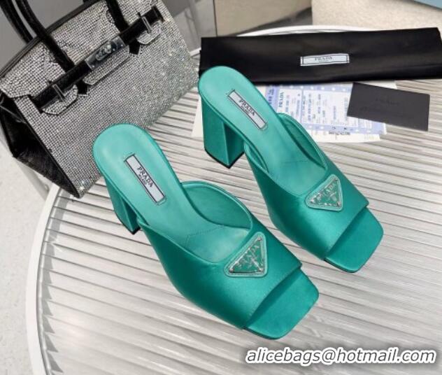 Good Quality Prada Logo Silk High Heel Slide Sandals 8.5cm Green 082674