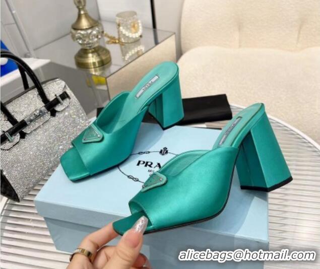 Good Quality Prada Logo Silk High Heel Slide Sandals 8.5cm Green 082674