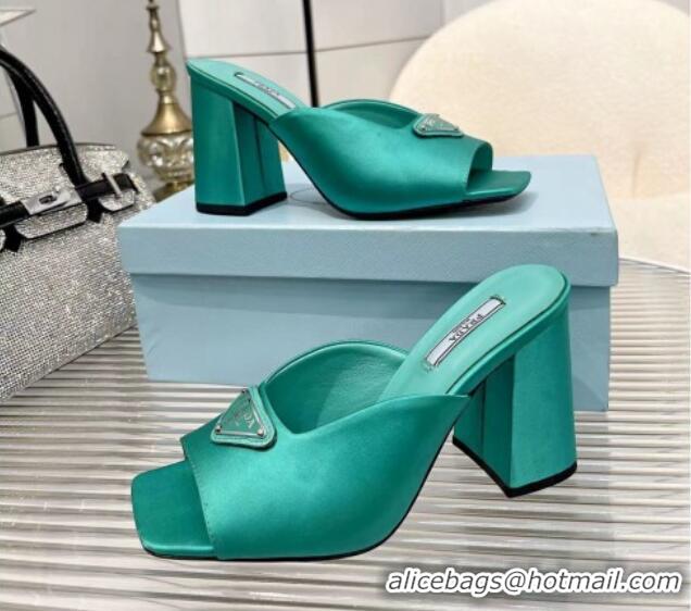 Good Quality Prada Logo Silk High Heel Slide Sandals 8.5cm Green 082674