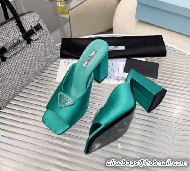 Good Quality Prada Logo Silk High Heel Slide Sandals 8.5cm Green 082674